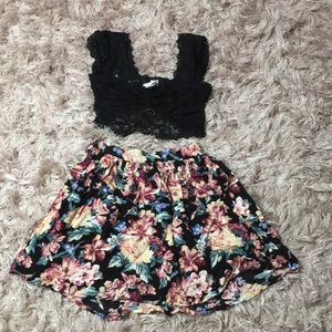 Floral Skirt & Black Lace crop top set